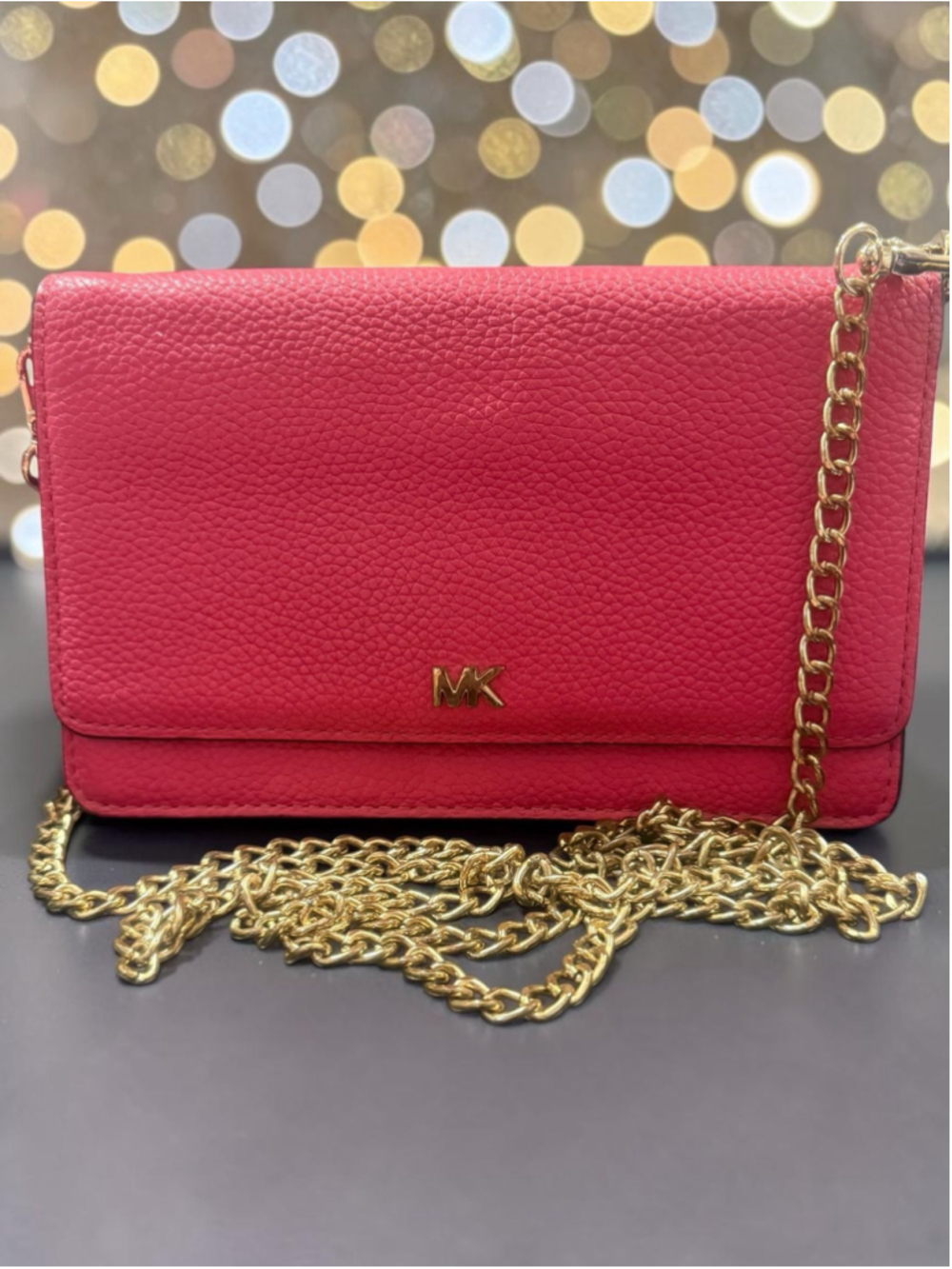 Michael Kors Dark Raspberry Pebbled Leather Crossbody Wallet Phone Bag Gold Hard